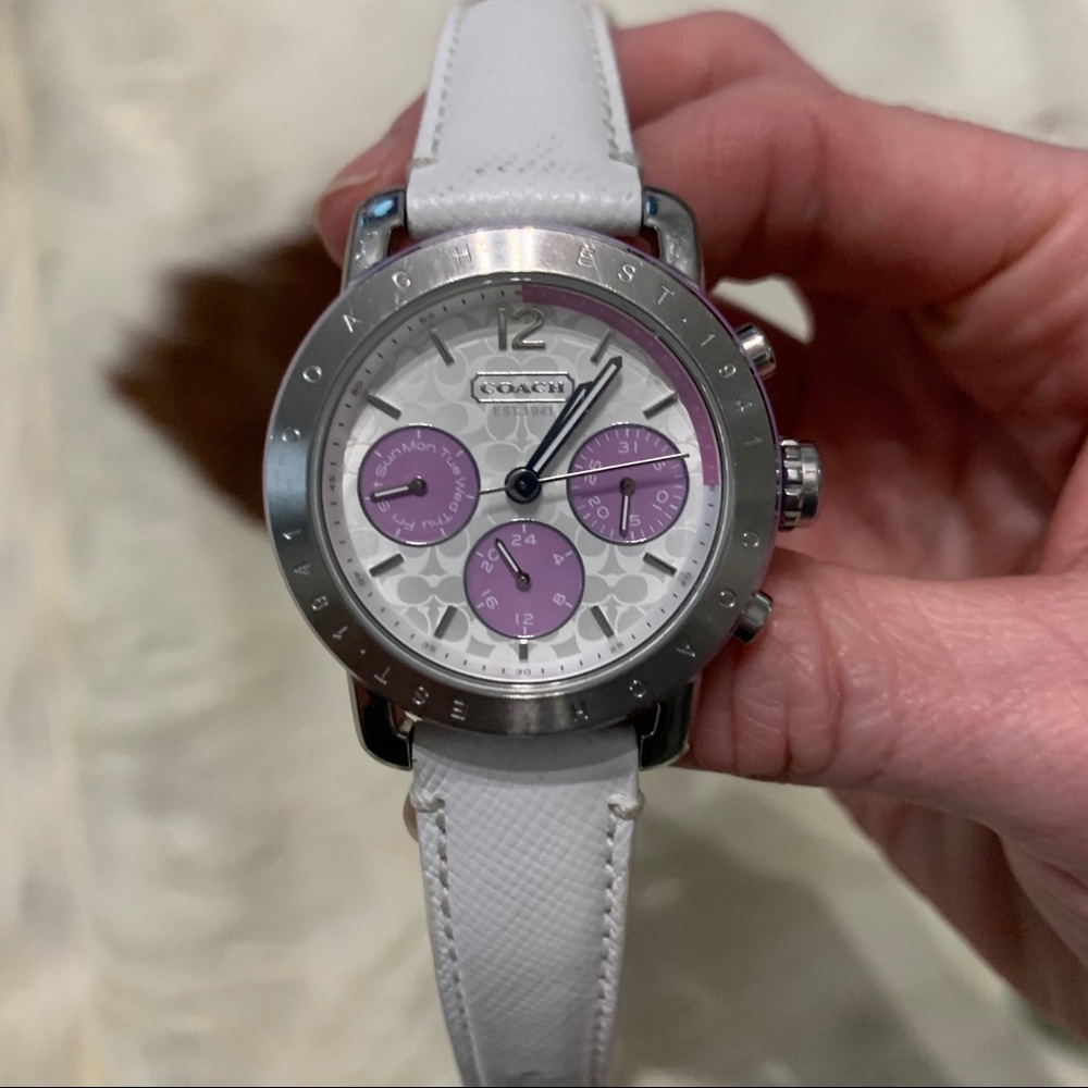 Coach White Leather w/Purple Stainless Steel Watch